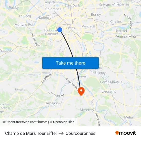 Champ de Mars Tour Eiffel to Courcouronnes map