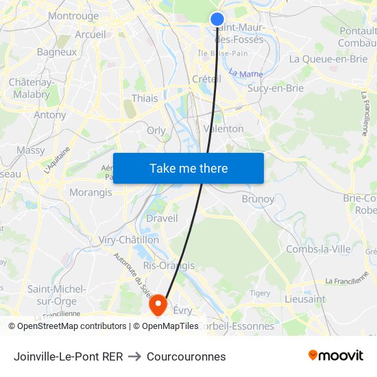 Joinville-Le-Pont RER to Courcouronnes map