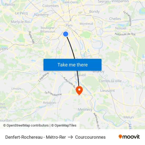 Denfert-Rochereau - Métro-Rer to Courcouronnes map