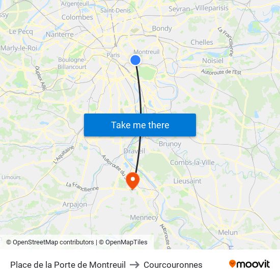 Place de la Porte de Montreuil to Courcouronnes map