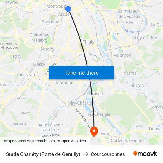 Stade Charléty (Porte de Gentilly) to Courcouronnes map