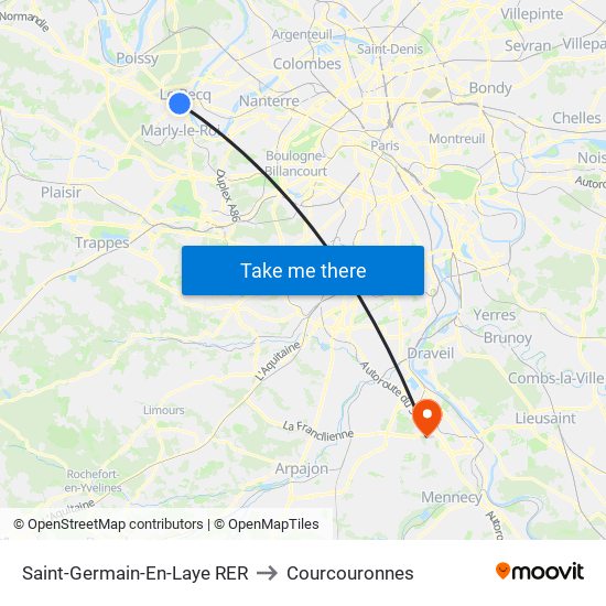 Saint-Germain-En-Laye RER to Courcouronnes map