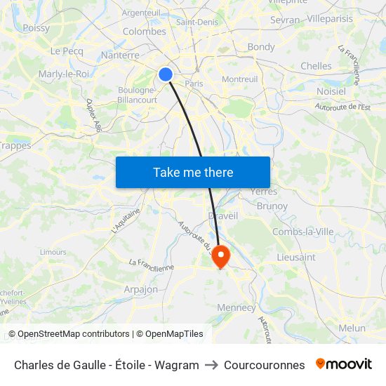 Charles de Gaulle - Étoile - Wagram to Courcouronnes map