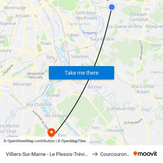 Villiers-Sur-Marne - Le Plessis-Trévise RER to Courcouronnes map
