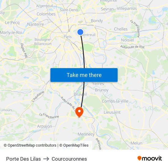 Porte Des Lilas to Courcouronnes map