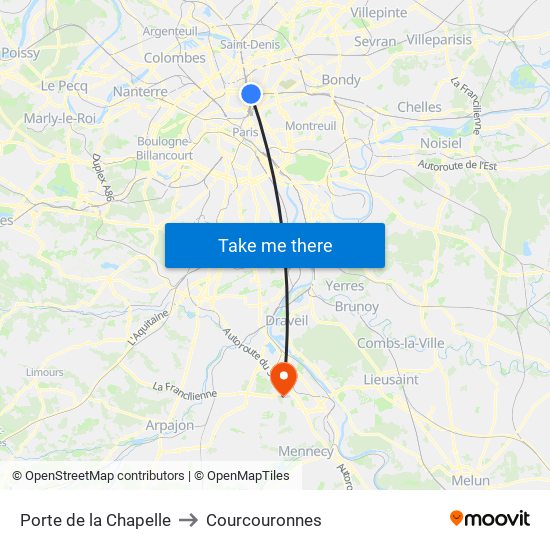 Porte de la Chapelle to Courcouronnes map