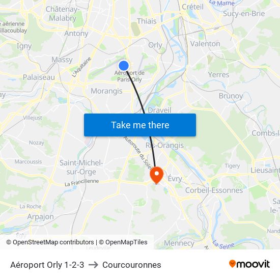 Aéroport Orly 1-2-3 to Courcouronnes map