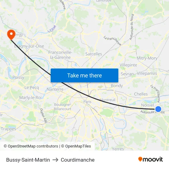 Bussy-Saint-Martin to Courdimanche map