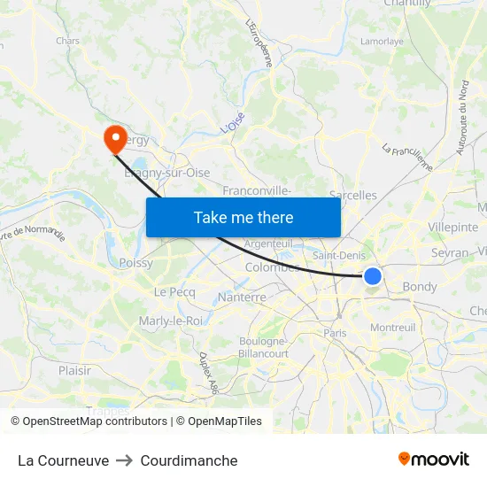 La Courneuve to Courdimanche map