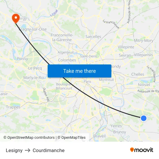 Lesigny to Courdimanche map