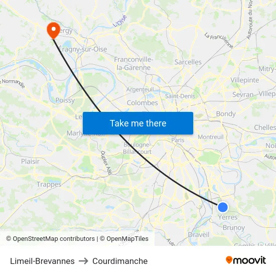 Limeil-Brevannes to Courdimanche map