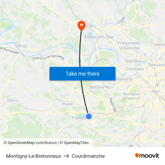 Montigny-Le-Bretonneux to Courdimanche map
