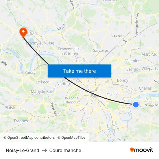 Noisy-Le-Grand to Courdimanche map