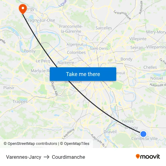 Varennes-Jarcy to Courdimanche map