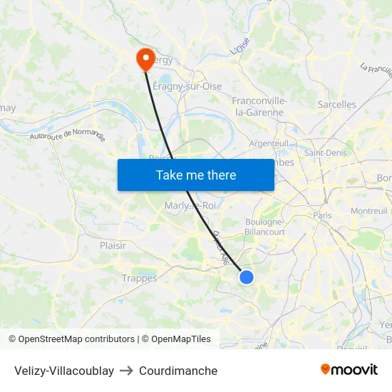 Velizy-Villacoublay to Courdimanche map
