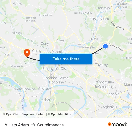 Villiers-Adam to Courdimanche map