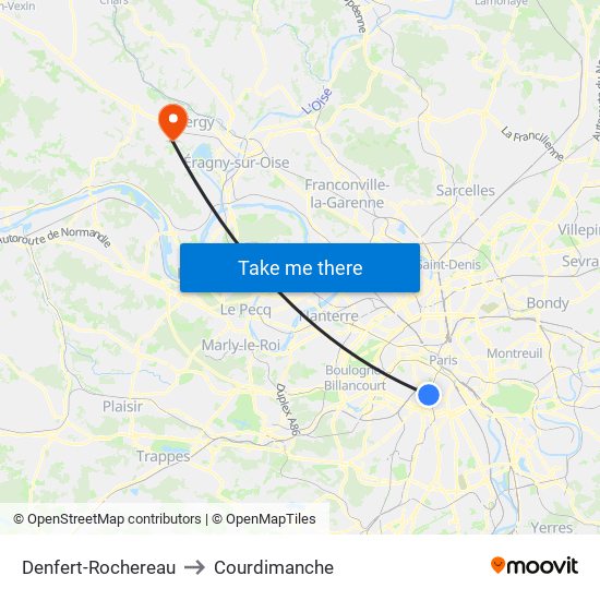 Denfert-Rochereau to Courdimanche map
