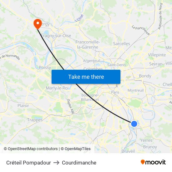 Créteil Pompadour to Courdimanche map