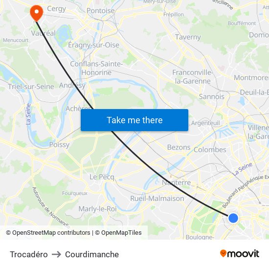 Trocadéro to Courdimanche map
