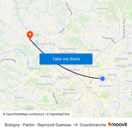 Bobigny - Pantin - Raymond Queneau to Courdimanche map