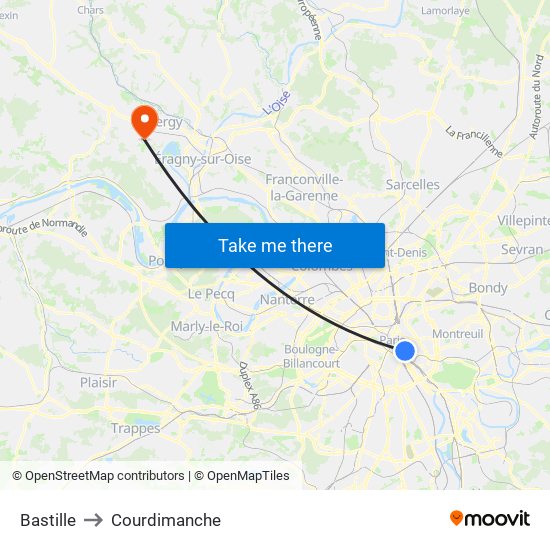 Bastille to Courdimanche map