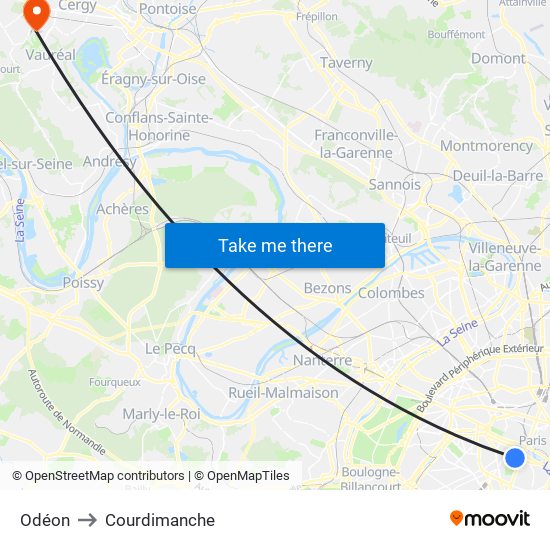Odéon to Courdimanche map