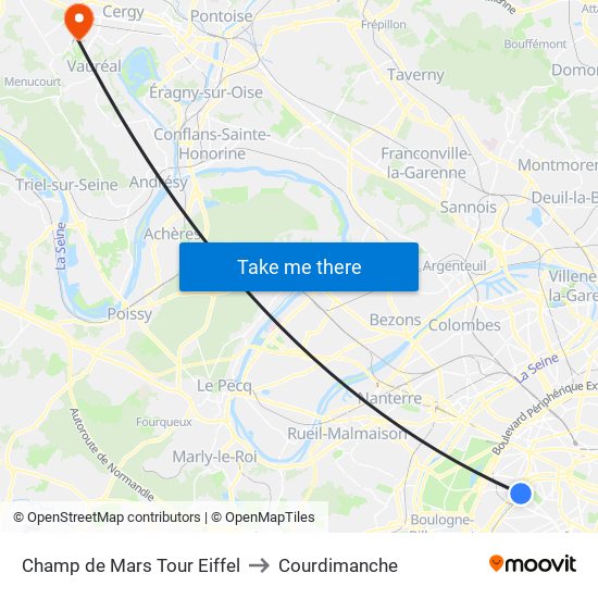 Champ de Mars Tour Eiffel to Courdimanche map