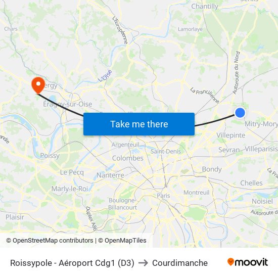 Roissypole - Aéroport Cdg1 (D3) to Courdimanche map