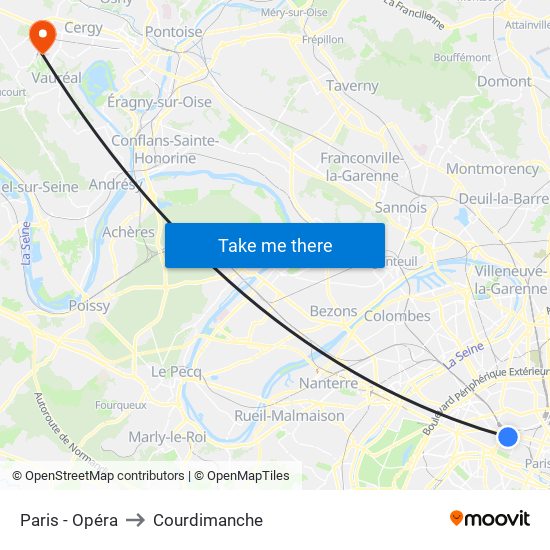 Paris - Opéra to Courdimanche map