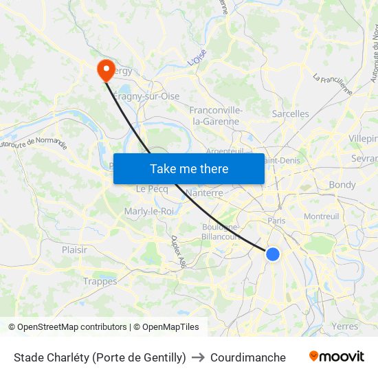 Stade Charléty (Porte de Gentilly) to Courdimanche map