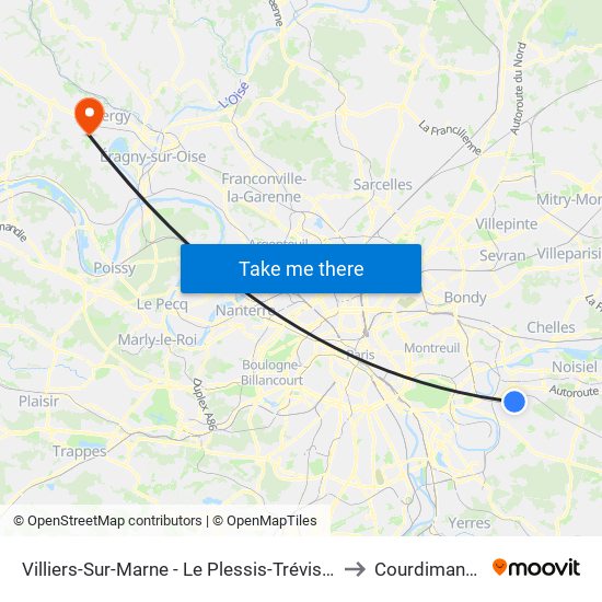 Villiers-Sur-Marne - Le Plessis-Trévise RER to Courdimanche map