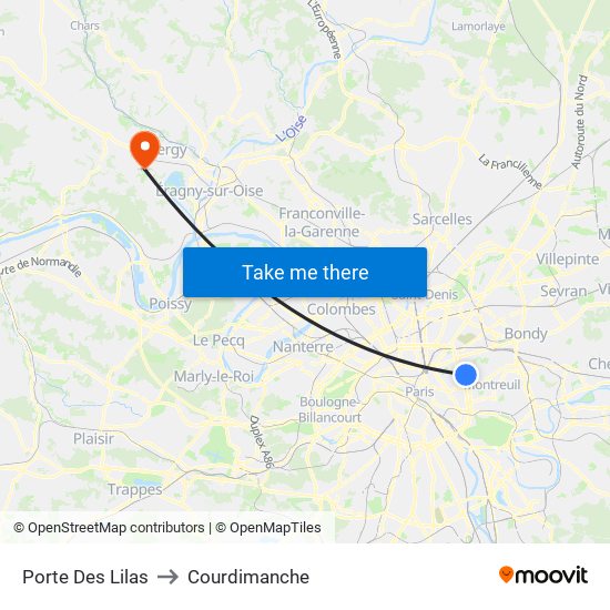 Porte Des Lilas to Courdimanche map