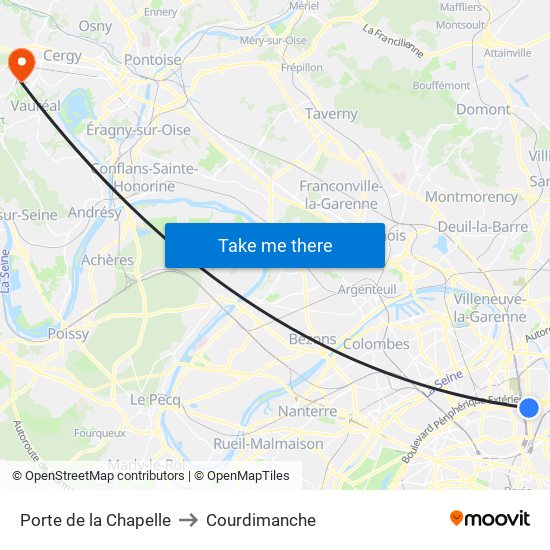 Porte de la Chapelle to Courdimanche map