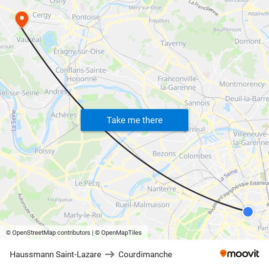 Haussmann Saint-Lazare to Courdimanche map