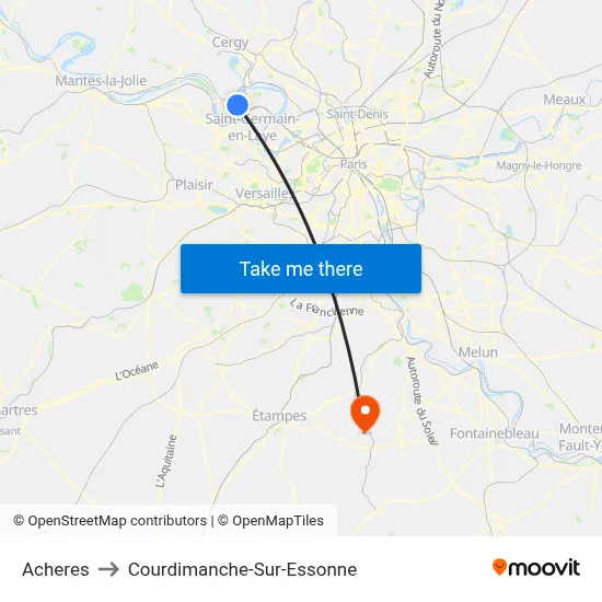 Acheres to Courdimanche-Sur-Essonne map