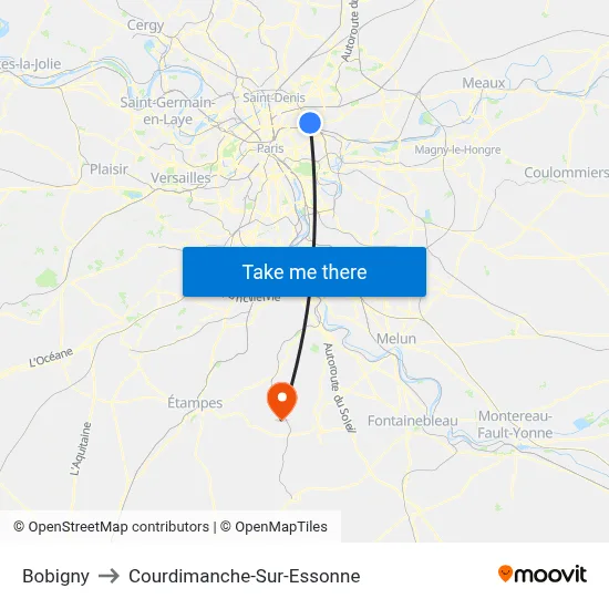 Bobigny to Courdimanche-Sur-Essonne map