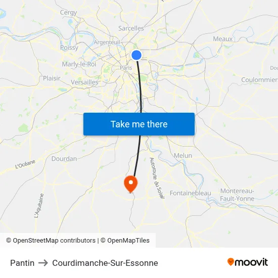 Pantin to Courdimanche-Sur-Essonne map