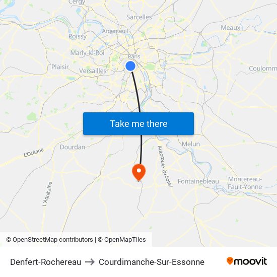 Denfert-Rochereau to Courdimanche-Sur-Essonne map