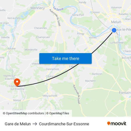 Gare de Melun to Courdimanche-Sur-Essonne map