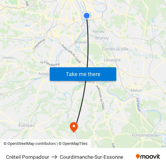 Créteil Pompadour to Courdimanche-Sur-Essonne map