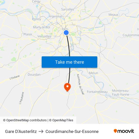 Gare D'Austerlitz to Courdimanche-Sur-Essonne map