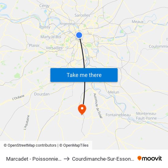 Marcadet - Poissonniers to Courdimanche-Sur-Essonne map