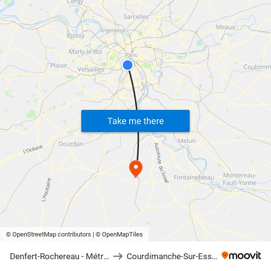 Denfert-Rochereau - Métro-Rer to Courdimanche-Sur-Essonne map