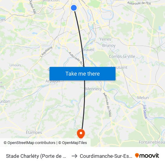 Stade Charléty (Porte de Gentilly) to Courdimanche-Sur-Essonne map