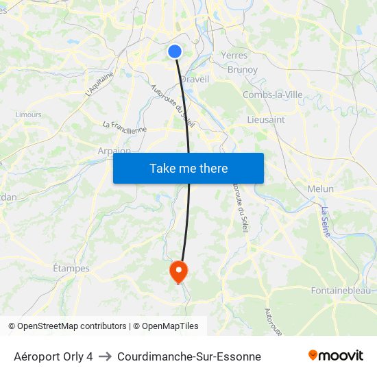 Aéroport Orly 4 to Courdimanche-Sur-Essonne map
