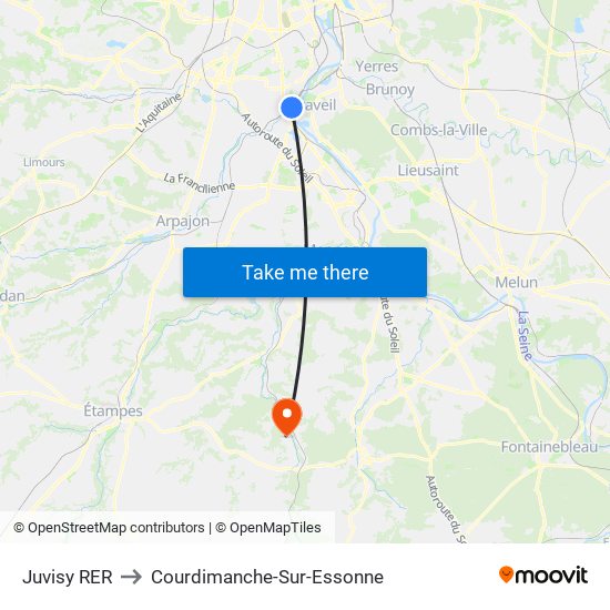 Juvisy RER to Courdimanche-Sur-Essonne map