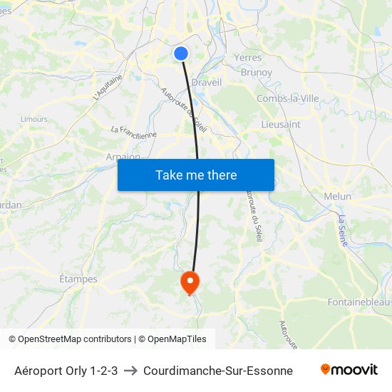 Aéroport Orly 1-2-3 to Courdimanche-Sur-Essonne map