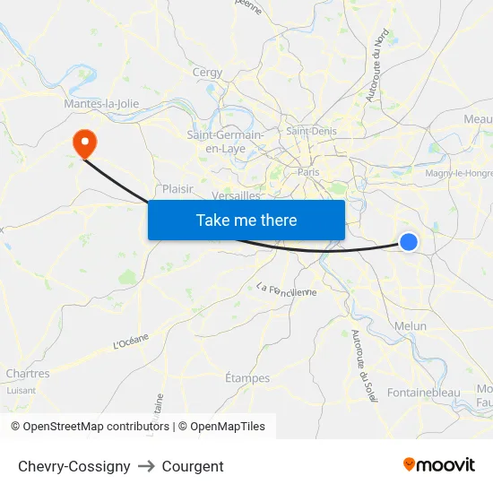 Chevry-Cossigny to Courgent map