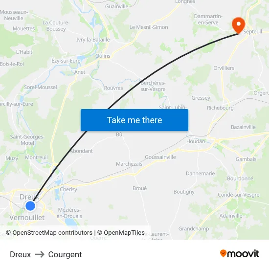 Dreux to Courgent map