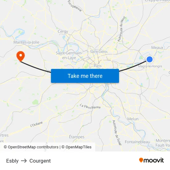 Esbly to Courgent map